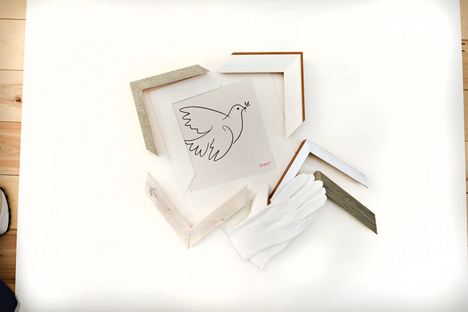 Frame corner samples and archival materials in the Rabbit Gallery framing studio
